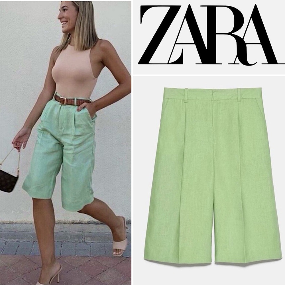 NWT Zara Linen Long Bermuda High Rise Pleated Shorts Green L Lagenlook 90s Boho - Picture 2 of 16